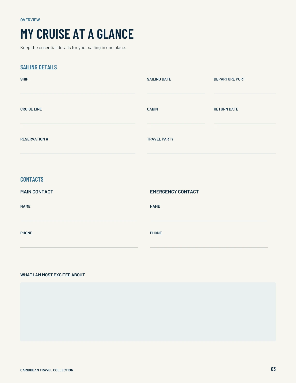 Cruise overview worksheet